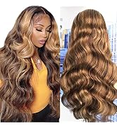 QNQZ Highlight Wigs Human Hair 13X6 HD Lace Front Body Wave Wig 4/27 Ombre Brown Colored Human Ha...