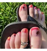 MERVF Press on Toenails for Women Red Glitter French Tip Acrylic Maple Leaf Fake Fall Autumn Shor...
