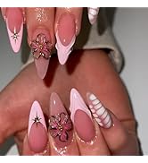 Pink Press on Nails Long Almond Fake Nails with Gold Flower Charm Design French Tips Ombre False ...