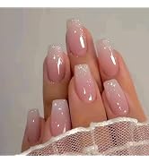 Press on Nails Medium Coffin Fake Nails with Glue Pink & White Ombre Acrylic Nails Glossy False N...