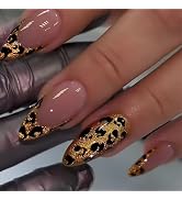 French Leopard Print Press on Nails Medium Almond Fake Nails Gold Leopard Print False Nails Flash...
