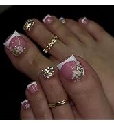 24 Pcs Pink Press On Toenails for Women,YEFIUO White French Tips Fake Toe Nails Press ons Nail Ar...