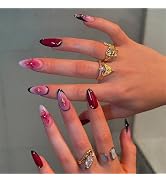 MERVF Press on Nails Medium Almond, Red Aura Black French Tip Fake Nails, 3D Flower Glue ons Acry...
