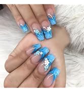IMSOHOT Long Coffin Press on Nails - Blue Flower | Glossy French Fake Nails Tips Full Cover Gel A...