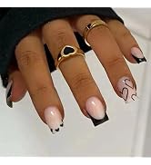 Black French Tip Press on Nails Medium Square Fake Nails Heart False Nails with Designs Full Cove...