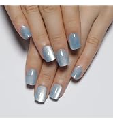 Stbisen Light Blue Press On Nails Square – Short Cat Eye Fake Nails with Color-Shifting Glow, Reu...