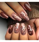 MISUD Press on Nails - Long Coffin Fake Nails with Fall Brown, Acrylic Autumn Flower Design 24 pcs