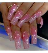 MISUD Press on Nails - Extra Long Curved Fake Nails with Pink White, Acrylic Rhinestone Design 24...