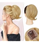 RUWISS Real Human Hair Bun Comb Clip in Short Drawstring Ponytail Hairpieces for Daily Use, Natur...