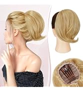 RUWISS Real Human Hair Bun Comb Clip in Short Drawstring Ponytail Hairpieces for Daily Use, Natur...