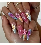 IMSOHOT Press on Nails Almond Medium Fake Nails - 3D Flowers, Golden Star, Rhinestone Designs, Gl...