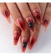 Mivota Halloween Coffin Press-On Nails Medium, Nude and Blood Red Ombre Fake Nails with 3D Spider...