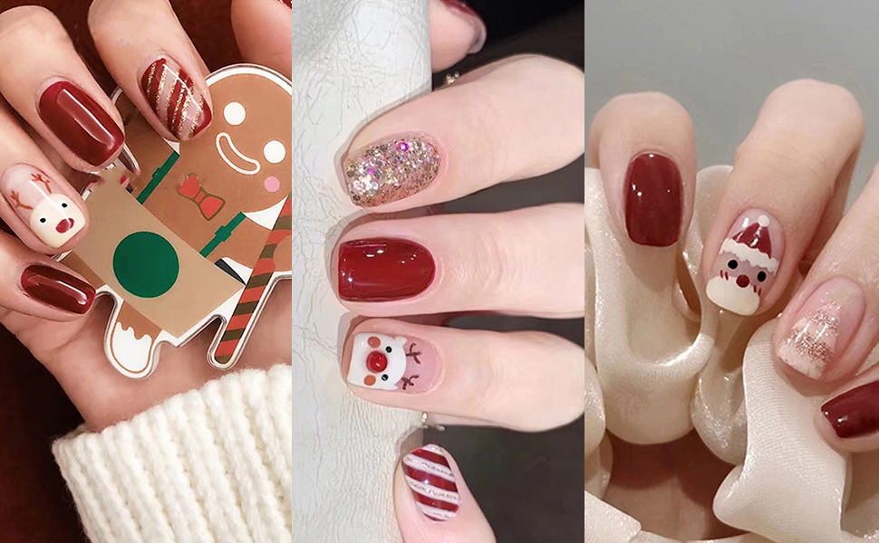 Christmas Press on Nails Medium Short Square, Elk Fake Nails with Design Red Glitter Acrylic 
