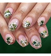 Christmas Press on Nails Short Square Fake Nails with Designs Christmas Tree Leaves Stick on Nail...