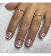 French Press On Nails Short Square, Nude Fake Nails with White French Tips, Delicately Adorned wi...