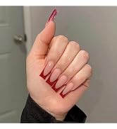 24Pcs Red French Tip Press on Nails Long Coffin Fake Nails Reusable False Nails Kit Acrylic Coffi...