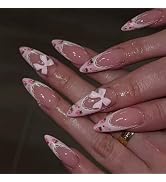 French Tips Press on Nails Medium Almond False Nails with Pink Bow Charm Design Candy Strawberry ...