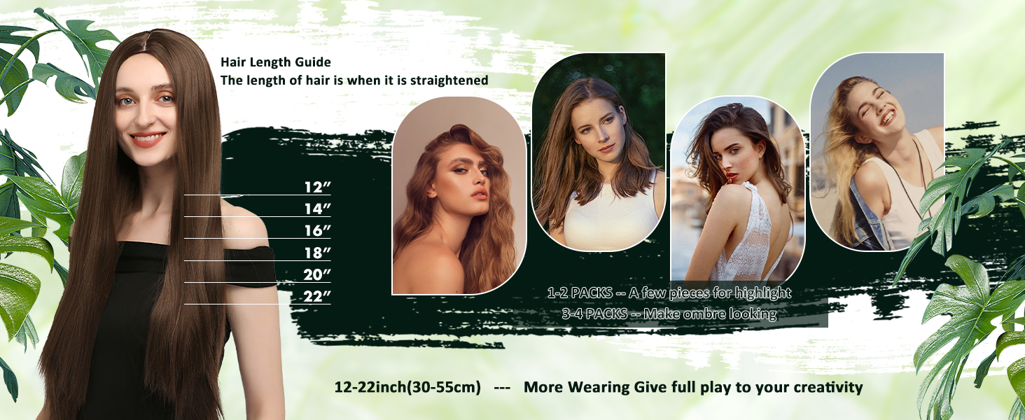 Hair extension advertisement showing length chart and multiple hairstyles. Features measurements from 12-22 inches and various styled looks on models.