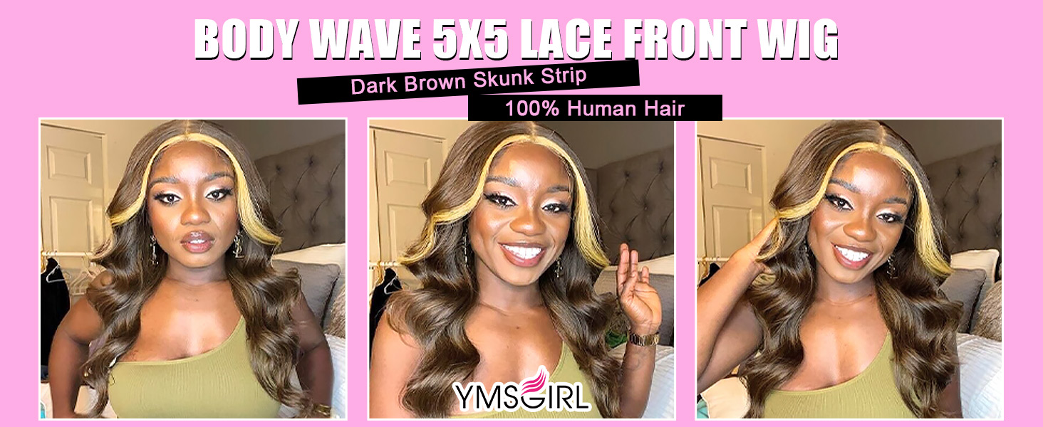 skunk stripe body wave lace front wig dark brown mixed honry blonde lace front wig