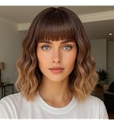 Ombre Brown Wig with Bangs for Women 12inch Short Brown Blonde Bob Wavy Curly Hair Wigs Heat Resi...