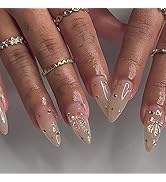 Nude Pink Press on Nails Medium Almond Fake Nails Full Cover False Nails with Charms Bow Designs ...