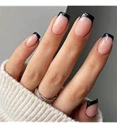 Black French Tip Short Press on Nails Square Fall Nude Fake Nails Acrylic with Designs Nails Pres...