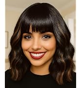 Elfairy Black Highlights Brown Wig with Bangs for Women 12inch Short Bob Wavy Curly Hair Wigs Hea...