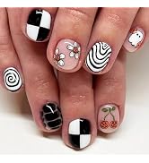 MERVF Halloween Press on Nails Short Square Black Fake Nails Checkered Swirls Glue ons Acrylic Na...