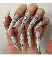 Halloween Press on Nails Long Stiletto MABKJLF Fake Nails White Full Cover Sliver Swirl False Nai...