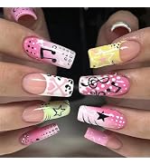 MISUD Press on Nails - Long Square Fake Nails with French Tip, Acrylic Y2K Star Design 24 pcs