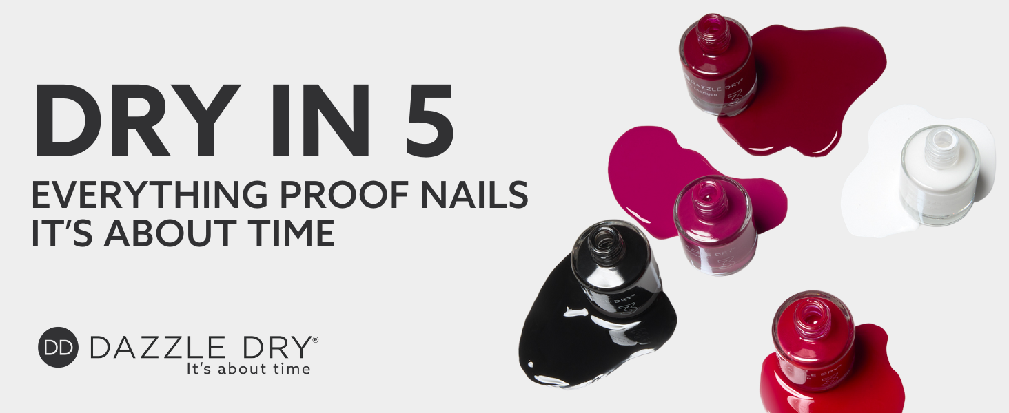 Dazzle Dry. Red, Black, Maroon, Pink and White nail polish lacquers with spills.