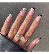 Black French Tips Press on Nails Short Square False Nails with Starburst Design White French Tips...