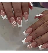White French Tip Press on Nails Coffin Fake Nails Medium False Nails with Heart Design Glue on Na...