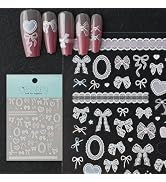 CESTSIREN Gingham Bowknot Nail Stickers,White Lace Nail Decals, Self-Adhesive, Nail Accessories &...