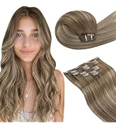 LaaVoo Brown Clip in Hair Extensions Real Human Hair Light Brown To Golden Blonde Balayage Hair E...
