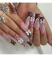 24 Pcs Pink Coffin Press on Nails Long Fake Nails Reusable False Nails Cute 3D Bow Pearl Nails De...