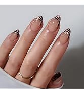 Cheetah Print Press on Nails Leopard Print Medium Almond False Nails Silver Glitter French Tip Ac...