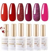 Gellen Gel Nail Polish Set, 6 Colors Red Gel Polish Set Dark Red Burgundy Hot Pink Glitter Gel Na...