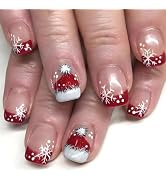 Christmas Press on Nails Short Square Fake Nails with Designs Red Hats Stick on Nail French Acryl...