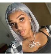 VIYAVIYA Grey Bob Lace Front Wig Human Hair T Part Straight Lace Frontal Wigs Glueless 150 Densit...
