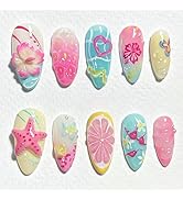 30pcs Summer Press on Nails Medium Almond Fake Nails with 3D Flower Starfish Designs Summer Beach...
