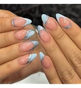 Blue French Tip Press on Nails Short Almond Fake Nails with Glitter Designs Simple Cute False Nai...