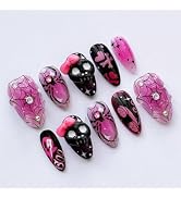 30Pcs Halloween Press on Nails Medium Almond Fake Nails with Skull Rhinestones Designs Spider Web...