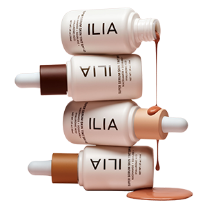 ILIA Super Serum Skin Tint SPF 40 in a stack, pouring shades of product.