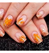 Thanksgiving Maple False Nails Fall Maple Press on Nails 24 Pcs Glossy Gold Glitter Acrylic Fake ...