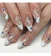 White French Tip Press on Nails Star Fake Nails Medium Almond False Nails with Design Rhinestone ...