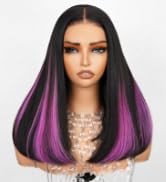 Arabella Hair 5x6 Glueless Wigs Human Hair and 4 Pcs 1B/Purple Clip in Hair Extensions Pre Plucke...