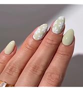 Green Press on Nails Short Almond Fake Nails with White Flower Designs Glossy Nails Press ons Spr...