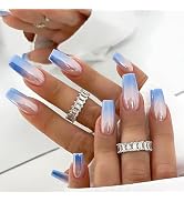 Press on Nails Square Medium Fake Nails Blue Ombre Glue on Nails Chrome Acrylic Nails Press ons G...