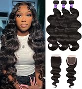 Brazilian Body Wave 3 Bundles With Closure Free Part (16 18 20+14,Free Part) Body Wave Bundles wi...
